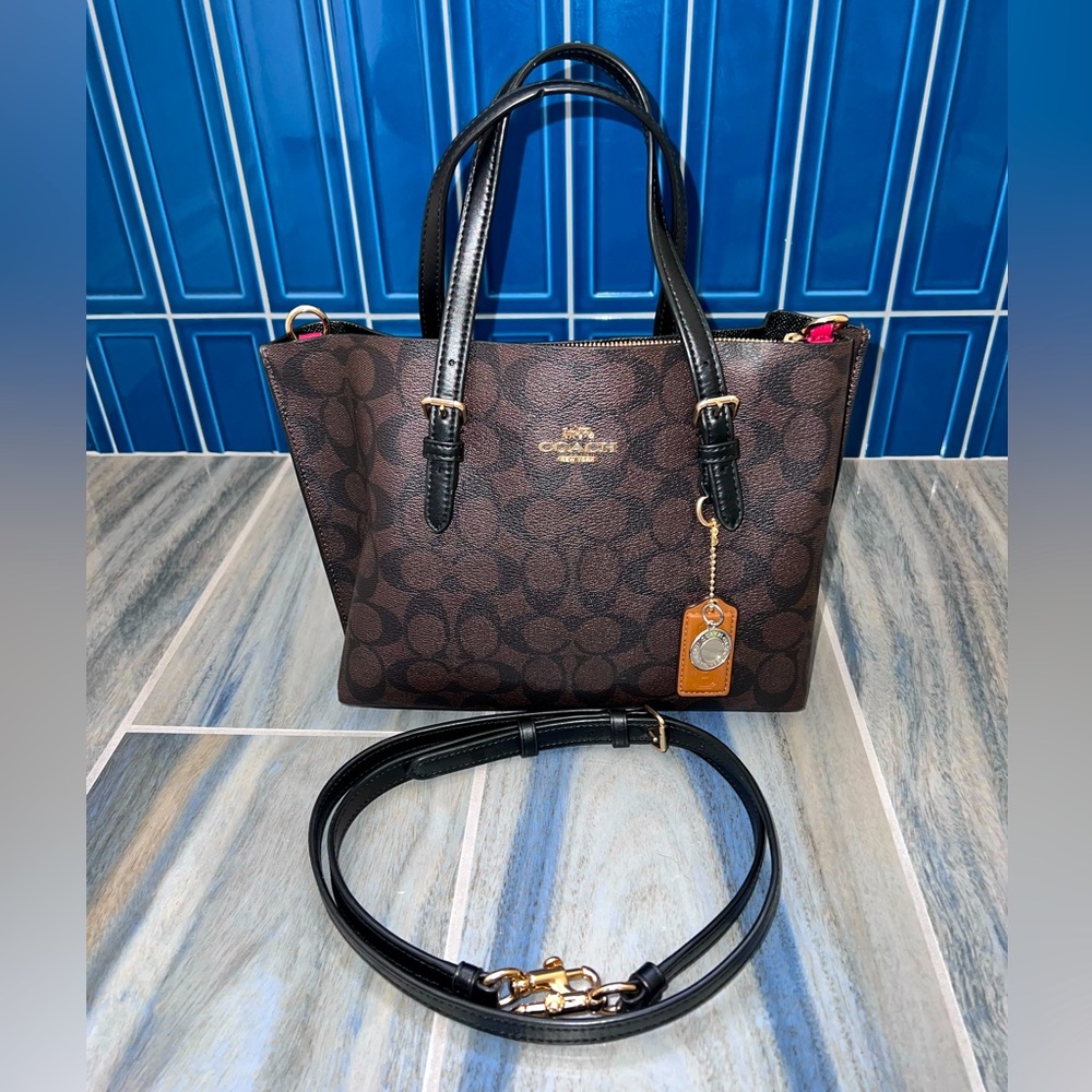 Coach Mollie Tote 25 Signature Canvas Crossbody Brown Black With Crossbody Strap